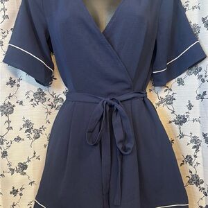 Navy Wrap Romper with White Trim